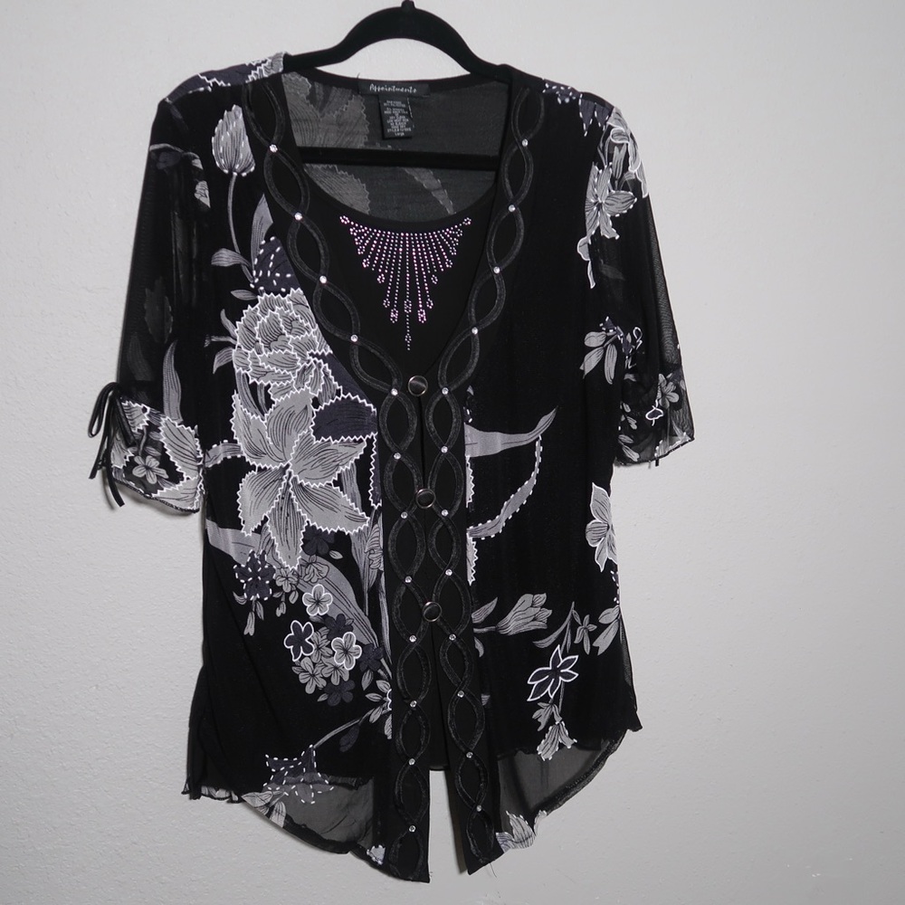 Black Floral Mesh Overlay Top with Beaded Detail